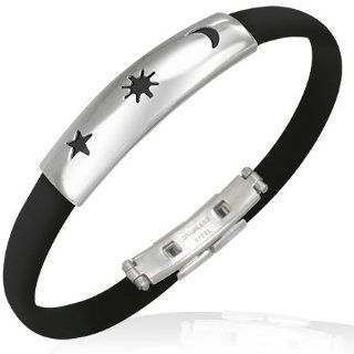 B345 B345 Stainless Steel Cut out Star Sun Emblem Half Moon Crescent Black Rubber Bracelet Mission Jewelry