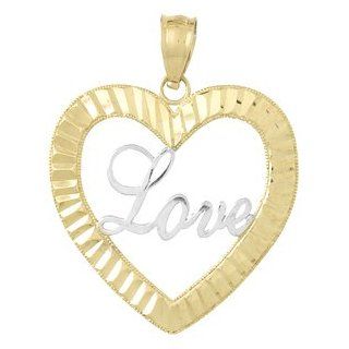 14k Gold Love Necklace Charm Pendant, Diamond Cut Heart Frame With White Love In Million Charms Jewelry