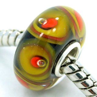 .925 Sterling Silver Trollbeads Style Exquisite Limited Edition Murano Glass " Olive Green / Orange on Black Fall Colors " Bead Also Fits Pandora Chamilia Kay Etc. Bracelet Jewelry