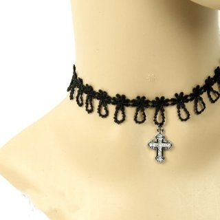 Brightdeal Fashion Hand Craft Romantic 1pc Holy Cross Necklace Fake Collar Necklace Women 'S Clothing + 1pc Black Rose Lace Wristband Bracelet Ring Jewelry