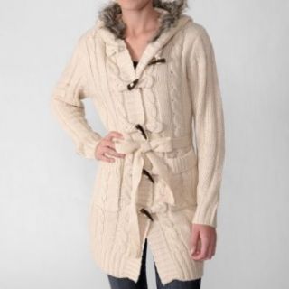 Journee Collection Women's Cable Knit Duster Sweater with Plush Trim Hood