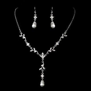 Bridal Wedding Jewelry Set Crystal Pearl Simple Floral Elegant Necklace Silver Jewelry