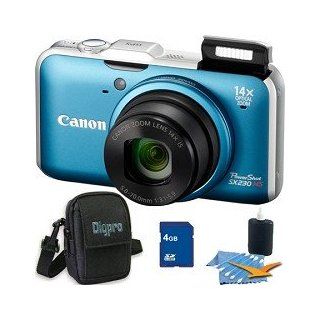 Canon PowerShot SX230 HS Blue Digital Camera 12 MP CMOS Sensor, 14x 28 392mm Super Telephoto Zoom Lens, 28mm Wide Angle, Built In GPS. Kit Includes 4 GB Memory Card, Deluxe Carrying Case, and 3pc. Lens Cleaning Kit.  Digital Slr Camera Bundles  Camera &a