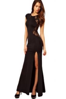 Buluos Dizzying Slit Full Length Lace Splicing Wrap Dress for Women (X Small, Black) Clothing