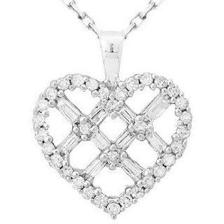 14K White Gold 0.5ct Checkered Love Prong Baguette & Diamond Heart Pendant Jewelry