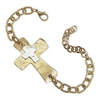 2 tone Layered Hammered Cross Artisan Chain Bracelet •Features * Worn Gold/worn Silver Plating * Textured Chain Bracelet * 2 tone Layered Hammered Crosses * Approx. Length 7.5" + Extender * Lobster Clasp Closure •Artisan Metal 2 tone L