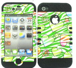 3 IN 1 HYBRID SILICONE COVER FOR APPLE IPHONE 4 4S HARD CASE SOFT BLACK RUBBER SKIN ZEBRA PEACE BK TE427 KOOL KASE ROCKER CELL PHONE ACCESSORY EXCLUSIVE BY MANDMWIRELESS Cell Phones & Accessories