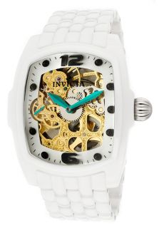 Invicta 1114  Watches,Mens Lupah Mechanical Skeletonized See Thru Gold/White MOP Dial White Ceramic, Casual Invicta Mechanical Watches