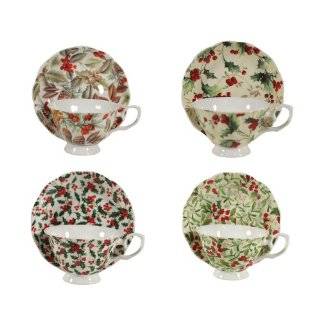   Christmas 8 Ounce English Tea Cup and Saucer, Assorted Set of 4
